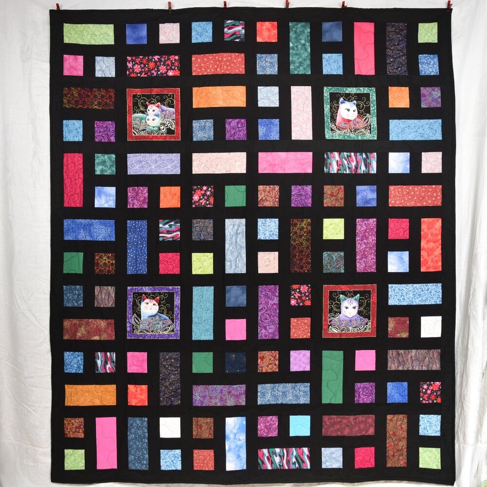 New handmade Twin or Full Size  quilt vibrant colors with cats 76" x 88"